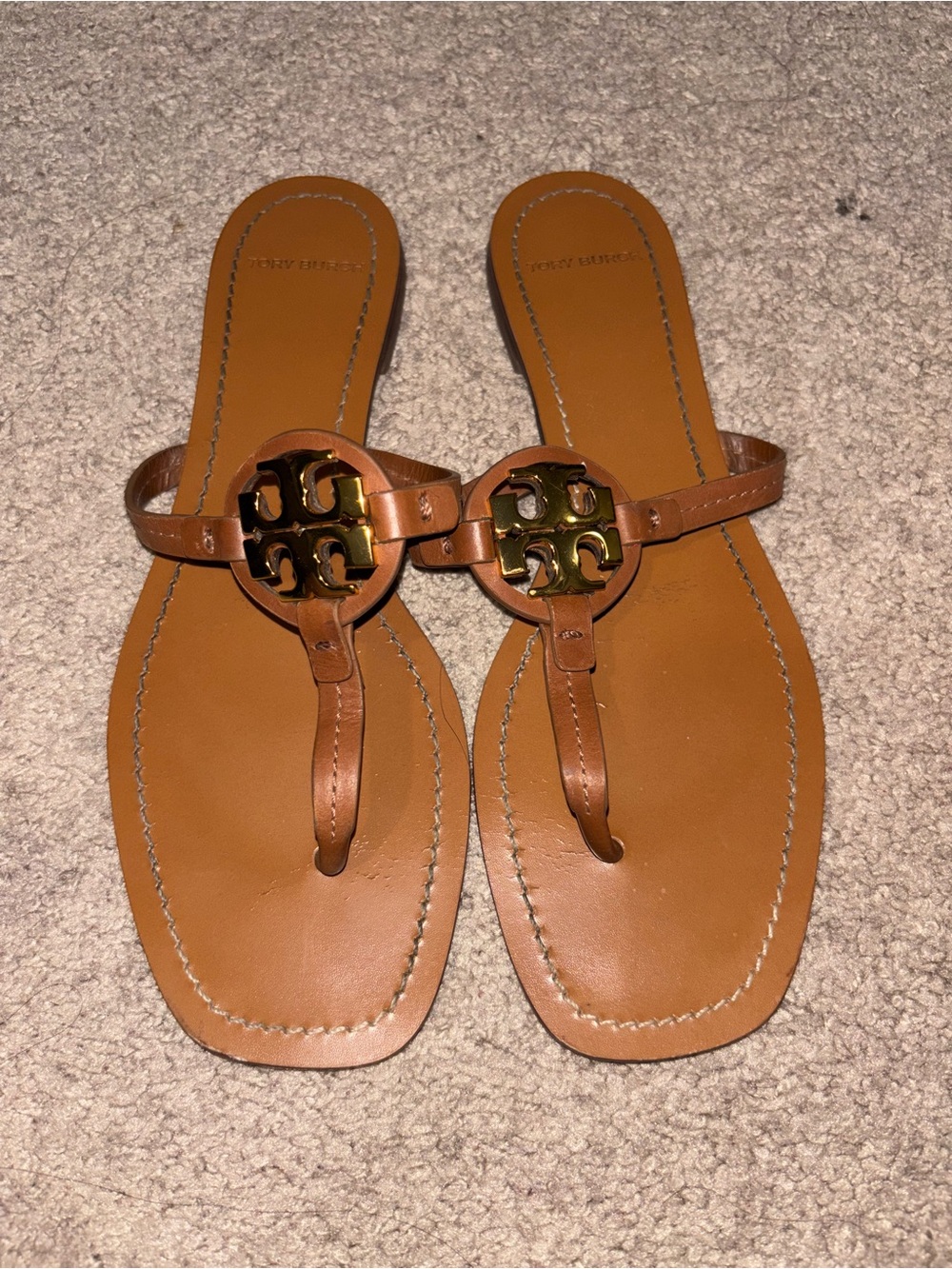 Tory Burch Miller Square Toe Metal Logo Sandal Brown US 8.5